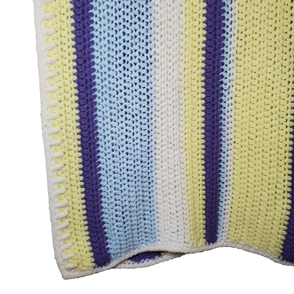 Handmade Crochet baby blanket striped white yellow‎ blue purple 31